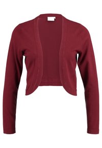 Bordó krátký kardigan z měkké pletené látky, s dlouhými rukávy a otevřeným předním dílem s kulatými okraji.
