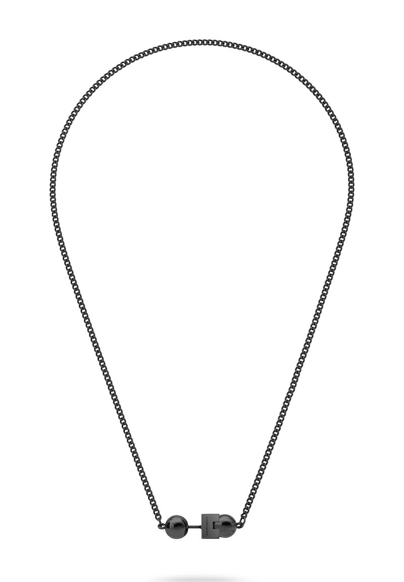 Sorte metal halskæde med en delikat kæde, to runde perler og en firkantet lås i midten. Glat overflade, minimalistisk design.