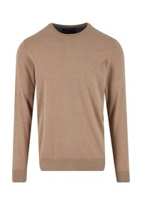 Suéter de manga larga en beige con cuello redondo, con puños y dobladillo acanalados, que presenta un discreto logo bordado en el lado izquierdo del pecho.