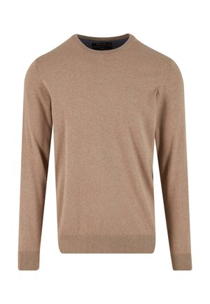 Beige Pullover mit langen Ärmeln und Rundhalsausschnitt, mit gerippten Bündchen und Saum, der ein dezentes gesticktes Logo auf der linken Brust zeigt.