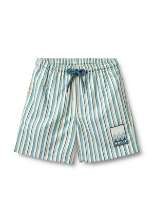 Niebiesko-białe szorty kąpielowe w pionowe paski, z elastycznym pasem, niebieskim sznurkiem, kieszeniami po bokach oraz naszywką z falami i napisem "WHEAT".