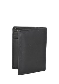 Cartera negra de cuero bifold abierta, mostrando el exterior y vista parcial de las ranuras para tarjetas en el interior.