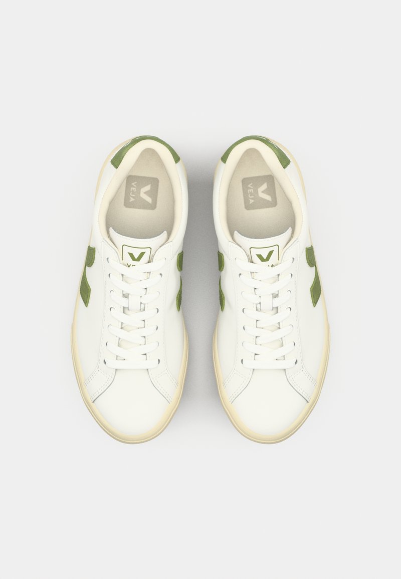 Baskets blanches avec des accents verts, avec une surface en cuir lisse, un bout rond, un design à lacets et un logo sur la languette.