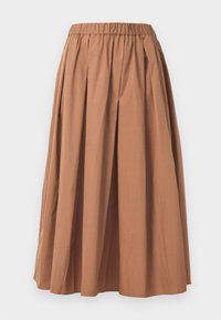 Brun plissert skjørt laget av mykt stoff, med elastisk midje og en luftig design som når midt på leggen.