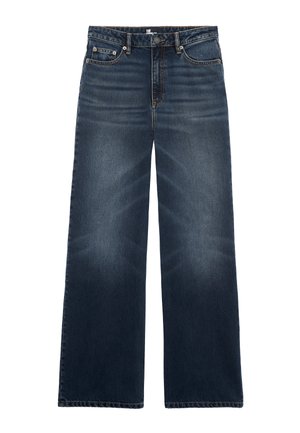 Jeans de pierna ancha de color azul con un lavado oscuro, hechos de denim. Cuentan con un diseño clásico de cinco bolsillos y un cierre de botón. Ligera decoloración cerca de las rodillas.