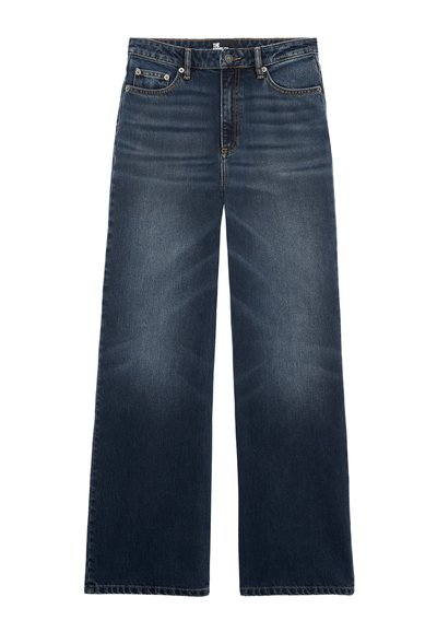 Jeans de pierna ancha de color azul con un lavado oscuro, hechos de denim. Cuentan con un diseño clásico de cinco bolsillos y un cierre de botón. Ligera decoloración cerca de las rodillas.