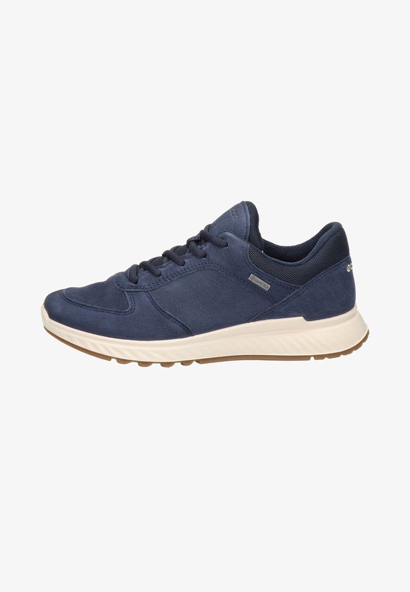Blue athletic shoe with a smooth leather upper, textured mesh accents, lace-up closure, and a white midsole. Rubber outsole with grip patterns.