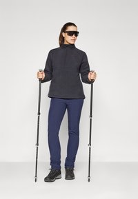 Pullover en polaire noir avec fermeture éclair mi-longue, pantalons extensibles bleu marine et chaussures de randonnée noires. La personne tient des bâtons de trekking et porte des lunettes de soleil sombres.
