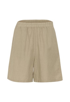 Lys beige linned shorts med elastisk talje, løs pasform og subtil tekstur; ingen lommer eller yderligere detaljer synlige.