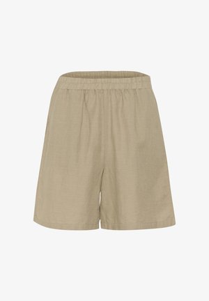 Pantaloni scurți din in bej deschis, cu talie elastică, croi lejer și textură subtilă; fără buzunare sau detalii suplimentare vizibile.