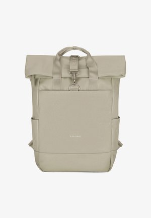 Rucsac rulant de culoare verde deschis, fabricat dintr-un material neted și durabil. Dispoziționează de două buzunare laterale, un logo în față și o mânere prinsă în partea de sus.