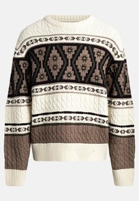 Creme og brun kabelstrikket sweater med geometriske og blomster-mønstre over brystet og ærmerne, med ribbede manchetter og kant.