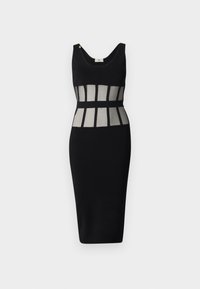 Musta bodycon-mekko, jossa on syvään kaula-aukkoon muotoiltu pääntie. Mekossa on läpikuultavaa panelointia, jossa on geometrisia kuvioita vyötäröllä, ja se on vartalonmyötäinen.