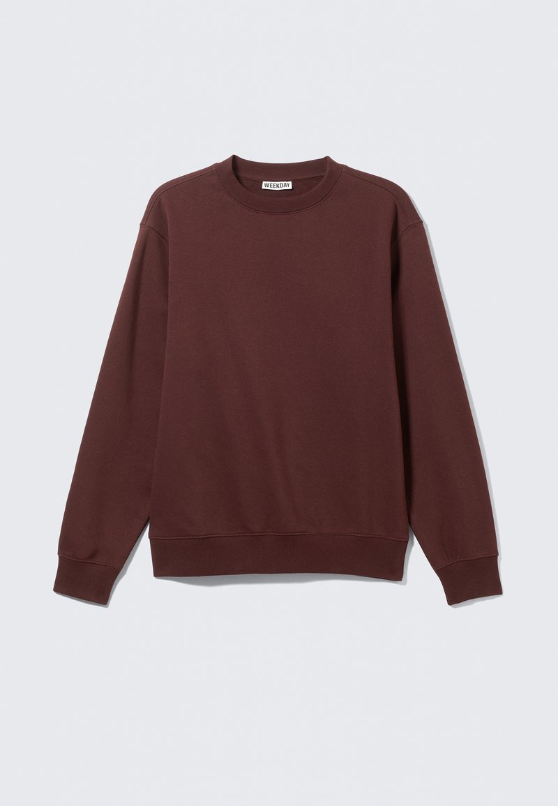 Sweat-shirt bordeaux à manches longues, col rond, poignets et ourlet côtelés, fabriqué en tissu doux en mélange de coton, design minimaliste.