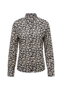 Zwarte shirt met witte bloemprint, voorzien van een knoopsluiting, lange mouwen en een kraag. De stof lijkt lichtgewicht en soepel.
