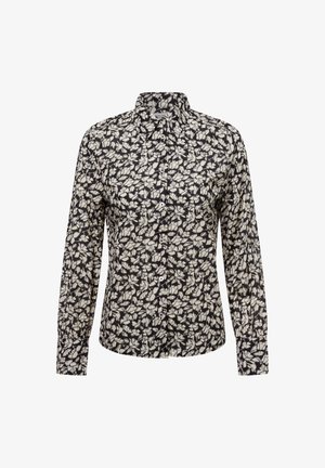Black shirt with white floral print, featuring a button-down design, long sleeves, and a collar. Fabric appears lightweight and smooth.