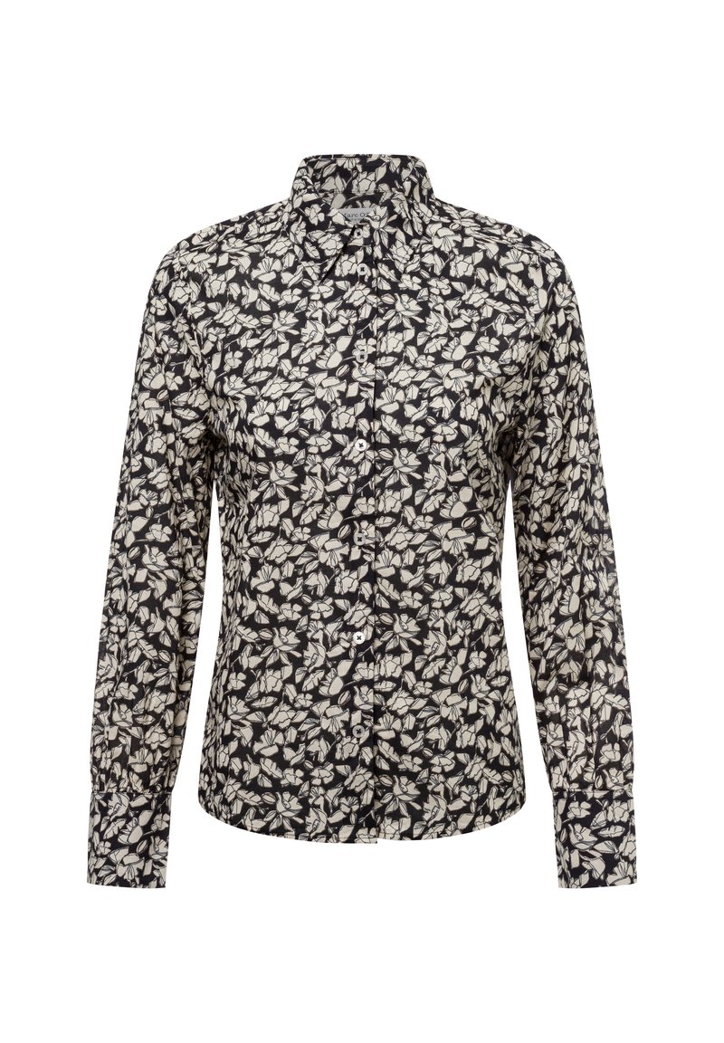 Zwarte shirt met witte bloemprint, voorzien van een knoopsluiting, lange mouwen en een kraag. De stof lijkt lichtgewicht en soepel.