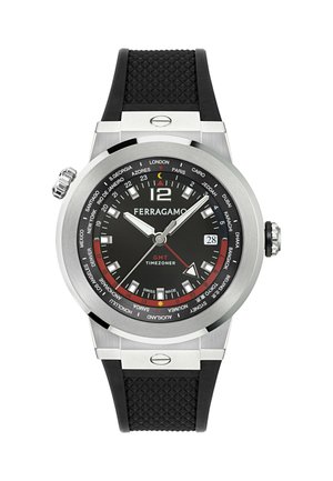 Férfi Ferragamo GMT Timezoner karóra fekete számlappal, ezüst tok, több városi időzóna, dátumkijelzés és fekete textúrált gumi szíj.