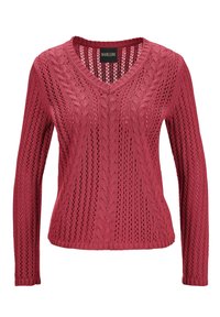 Rosa gestrickter Pullover mit V-Ausschnitt, der Kabel- und Spitzenmuster sowie lange Ärmel aufweist.