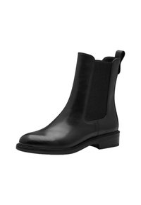 Schwarze Leder Stiefelette mit elastischen Seitenteilen und einer Zuglasche. Glatte Textur, runde Zehenform und ein niedriger, gestapelter Absatz.