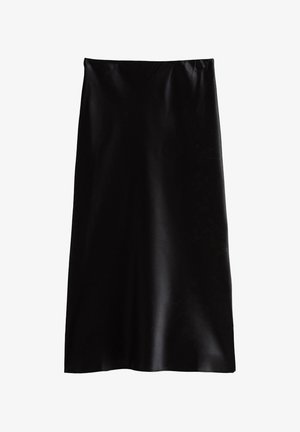 Czarna satynowa spódnica maxi o gładkiej fakturze, prostym kroju i elastycznej talii. Brak widocznych wzorów lub ozdób.