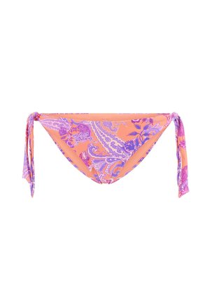 Orange bikini bottom with purple paisley pattern, features tie straps at the sides, smooth texture, and a triangular shape.