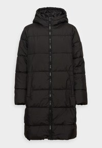Manteau long matelassé noir avec capuche, fermeture éclair intégrale à l'avant et poches latérales, conçu pour temps froid.