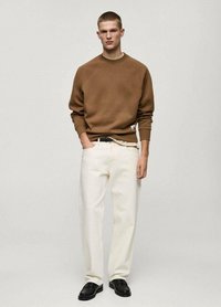 Bruine sweatshirt met raglanmouwen, gecombineerd met ivoorkleurige rechte broek en zwarte nette schoenen. Eenvoudig ontwerp, minimalistische stijl.