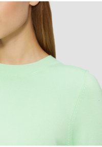 Jasnozielony sweter z okrągłym dekoltem, wąski krój i miękki splot. Posiada starannie wykończone szwy i gładkie wykończenie.