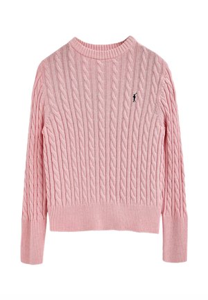 Rosa Strickpullover mit langen Ärmeln, gerippten Bündchen und Saum, mit einem kleinen schwarzen, gestickten Golfer-Logo auf der Brust.