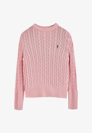 Roze kabelgebreide trui met lange mouwen, geribde manchetten en zoom, met een klein zwart geborduurd golferlogo op de borst.