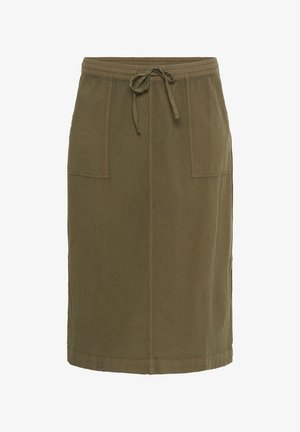 Gonna verde oliva al ginocchio con vita elasticizzata, tasche applicate frontali e coulisse regolabile.