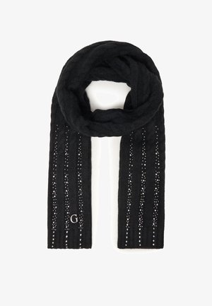 Sciarpa nera in maglia con una texture a coste, caratterizzata da righe verticali di piccoli strass e un sottile accento di logo nell'angolo.