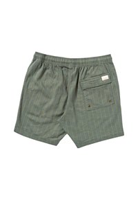 Shorts rayés verts en tissu léger, dotés d'une taille élastique et d'une poche arrière avec fermeture à bouton.
