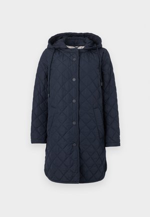 Tumesinine kapuutsiga õmmeldud pikk jope, ees trukid ja küljetaskud, sobib külmadeks ilmadeks.