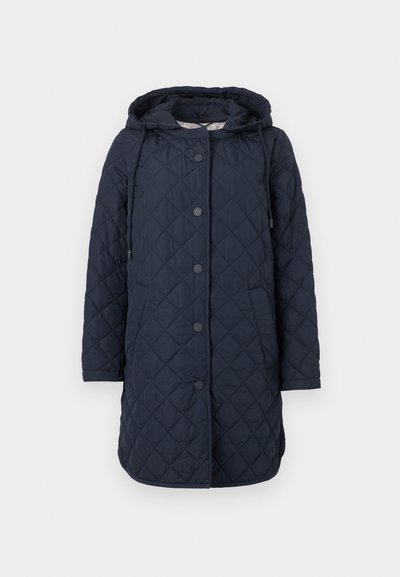 Μακρύ μπλε ναυτικό μπουφάν με καπιτονέ ύφασμα, κουκούλα, κουμπιά με κλικ στην μπροστινή πλευρά και πλαϊνές τσέπες, κατάλληλο για κρύο καιρό.