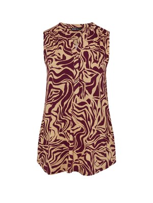 Ärmelloses Top in Beige mit einem burgunderfarbenen Wirbelmuster. Verfügt über einen V-Ausschnitt und einen Knopfdetails, aus einem leichten Stoff gefertigt.