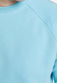 Sudadera azul claro con textura suave, cuello redondo y mangas raglán. Presenta costuras finamente cosidas y un acabado liso.