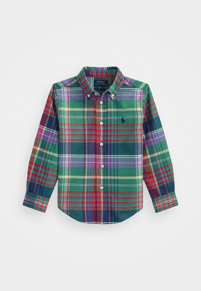 Chemise à manches longues avec un motif à carreaux multicolores incluant des tons de vert, rouge, bleu et violet. Dotée d'un col et d'une broderie de logo.