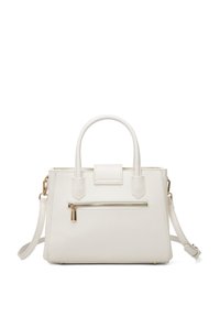 Borsa a mano in ecopelle bianca con doppio manico superiore, tracolla rimovibile, tasca con zip frontale e dettagli in metallo dorato.