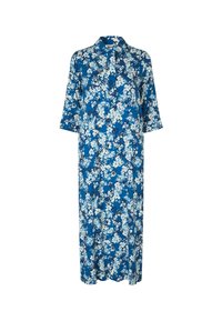 Maxikleid mit blauem Blumenmuster aus leichtem Stoff, mit kragenlosem Ausschnitt und drei Viertelärmeln in lockerer Passform.