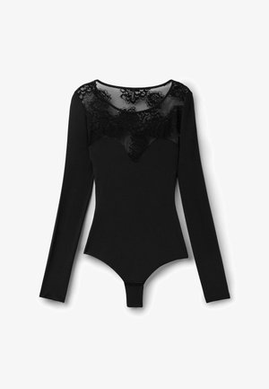 Body negro de manga larga con encaje de malla floral en la parte superior del pecho y los hombros, escote redondeado y cierre de broches en la entrepierna.