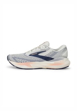 Herren-Laufschuh mit einem Obermaterial aus Netzgewebe in Weiß und Marineblau, gepolsterte Sohle mit pinkfarbenen Akzenten, strukturiertem Muster und Logodetail an der Seite.