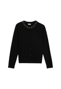 Zwarte cardigan met een ronde halslijn, versierd met kraalaccenten. Voorzien van een knoopsluiting aan de voorkant en lange mouwen. Zachte stofstructuur.