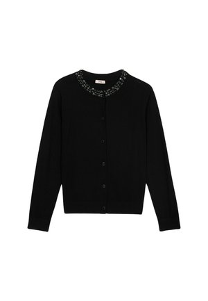 Schwarze Strickjacke mit rundem Halsausschnitt, verziert mit Perlenakzenten. Verfügt über eine Knopfleiste vorne und lange Ärmel. Weicher Stoff.