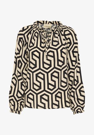 Halenka s dlouhým rukávem v krémové barvě s černým geometrickým vzorem. Má nařasený výstřih se šňůrkami a elastické manžety.