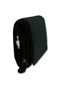 Black leather wallet with a textured surface, featuring a silver zipper and a small charm detail. Compact rectangular shape for easy handling.