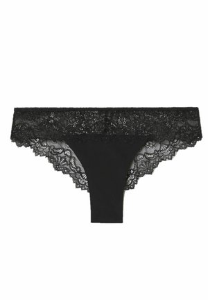 Schwarzer Spitzenstring mit einem floralen Muster entlang des Bundes, der ein glattes Mittelteil und gewellte Kanten aufweist.