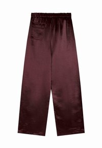 Bordo satino platūs kelnės su elastinga juosta ir viena užpakaline kišene, pasižyminčios lygia, blizgia tekstūra visame paviršiuje.
