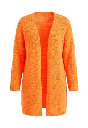 Cardigan lavorato a maglia a maniche lunghe con apertura frontale in arancione vivace, con orlo e polsini a coste, mostrato su sfondo bianco.